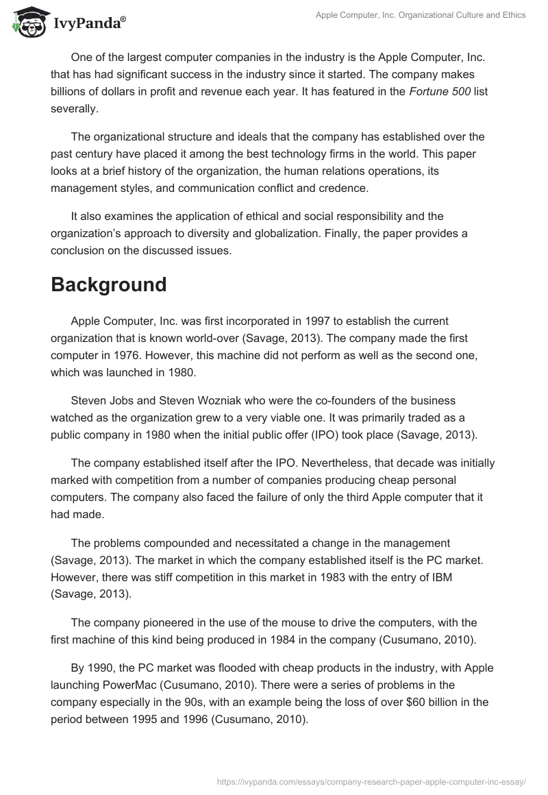Apple Computer, Inc. Organizational Culture and Ethics. Page 2
