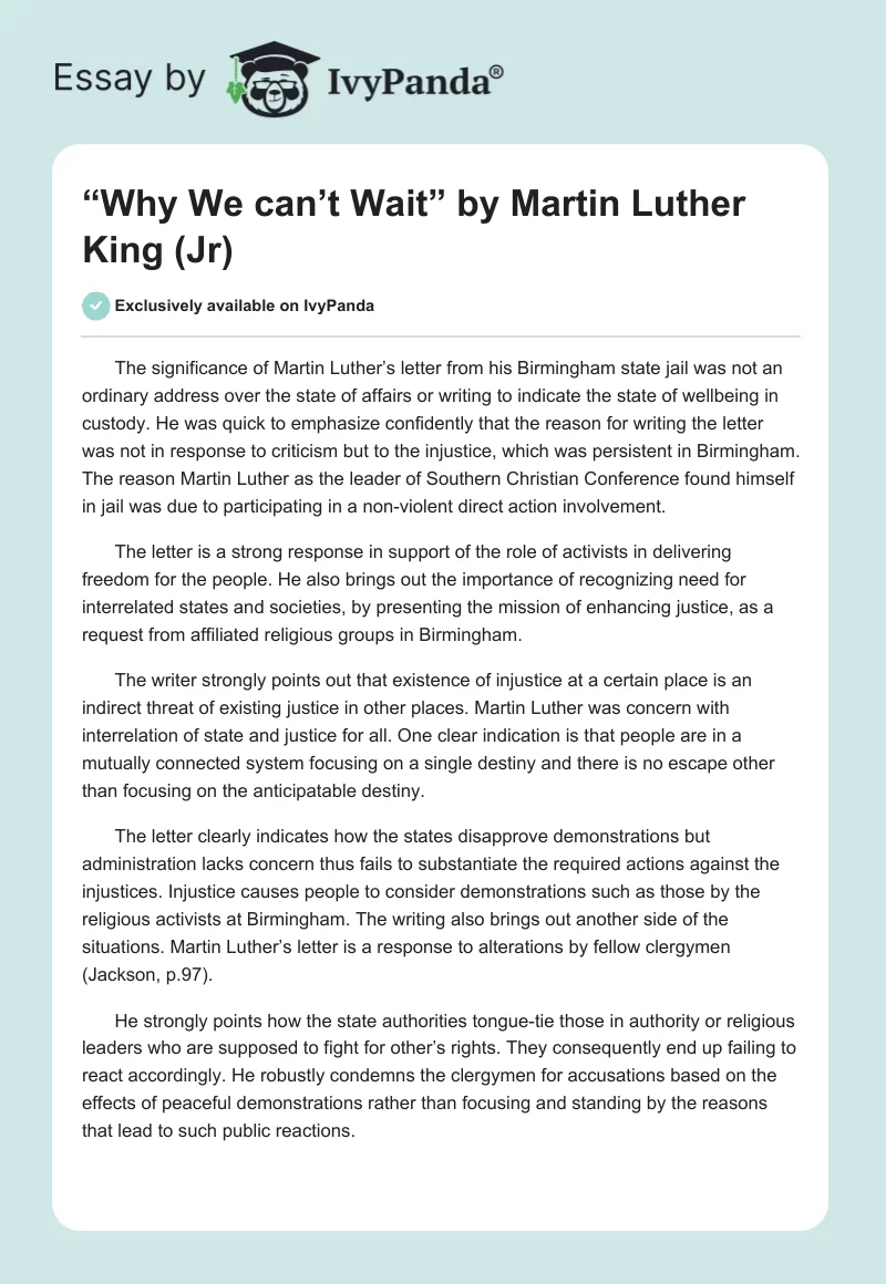 “Why We can’t Wait” by Martin Luther King (Jr). Page 1