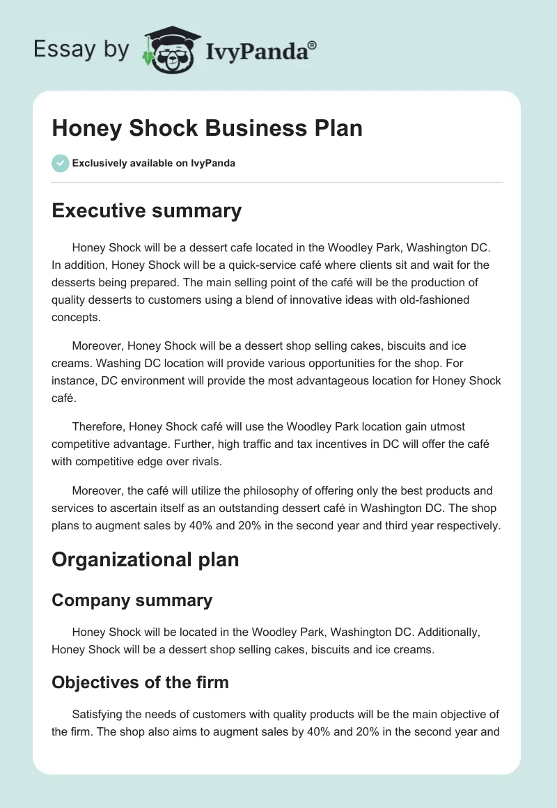 Honey Shock Business Plan. Page 1