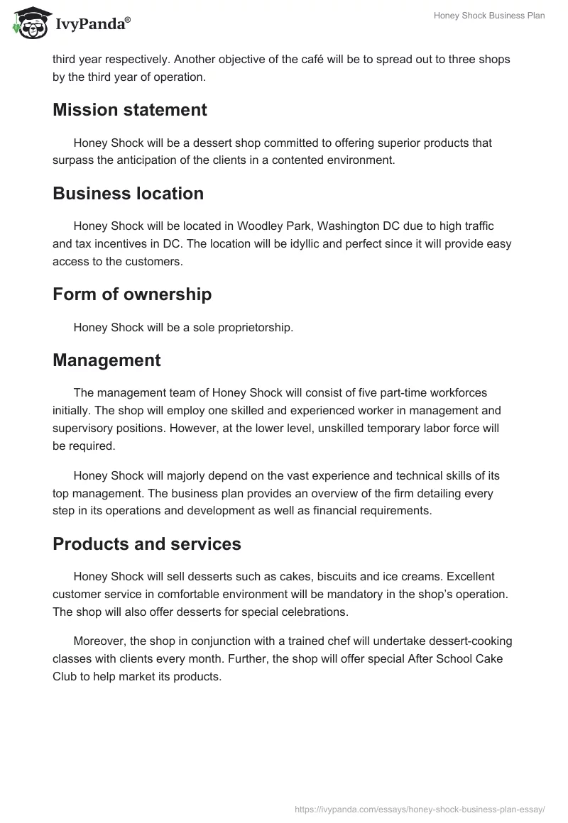 Honey Shock Business Plan. Page 2