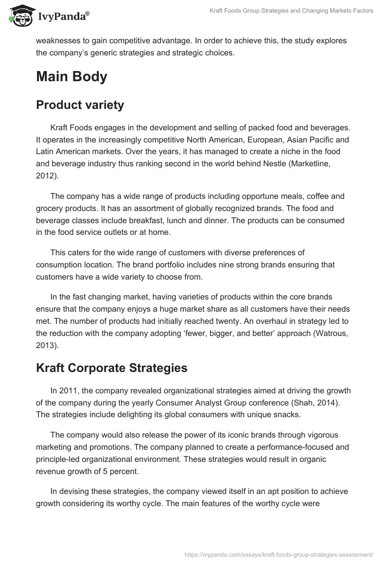 Kraft Foods Group Strategies and Changing Markets Factors. Page 2