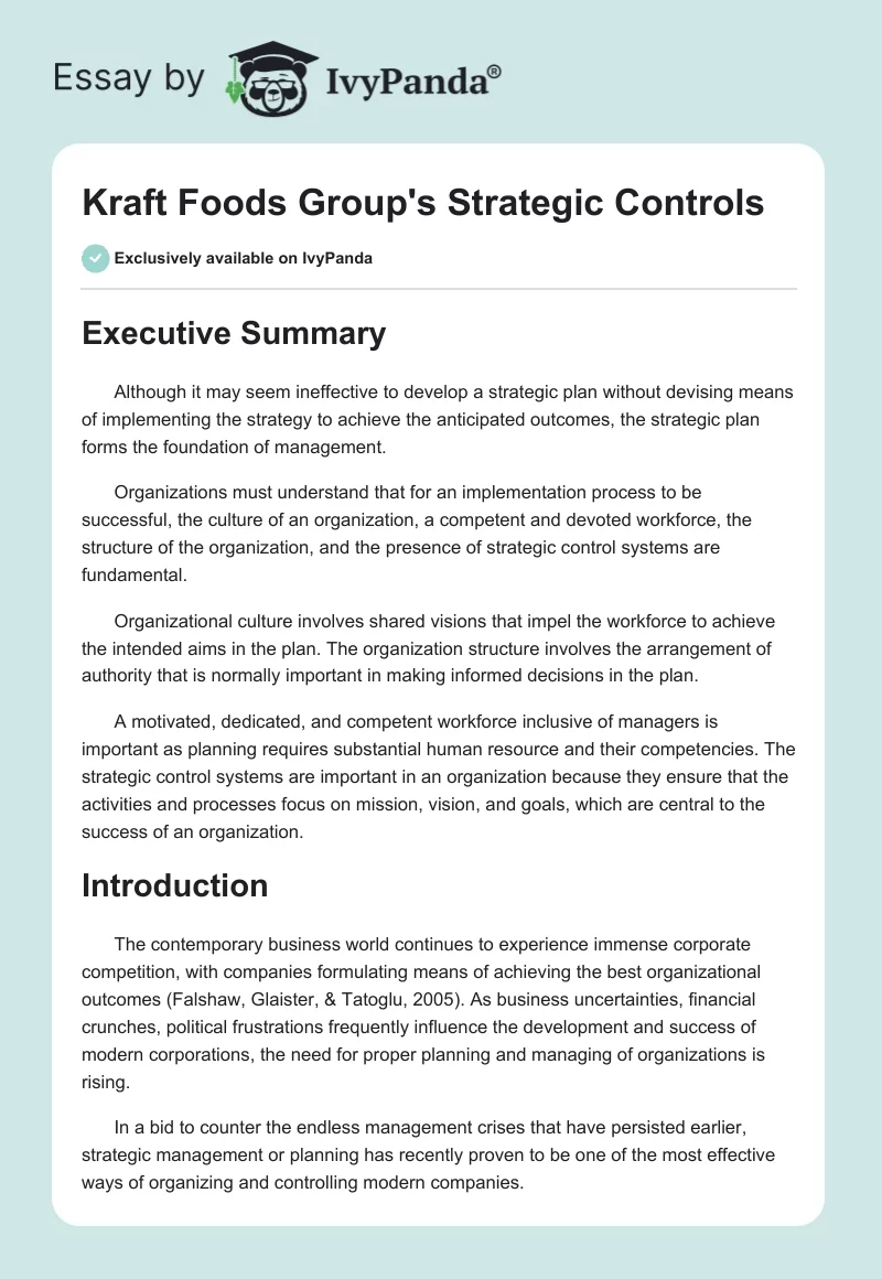 Kraft Foods Group's Strategic Controls. Page 1