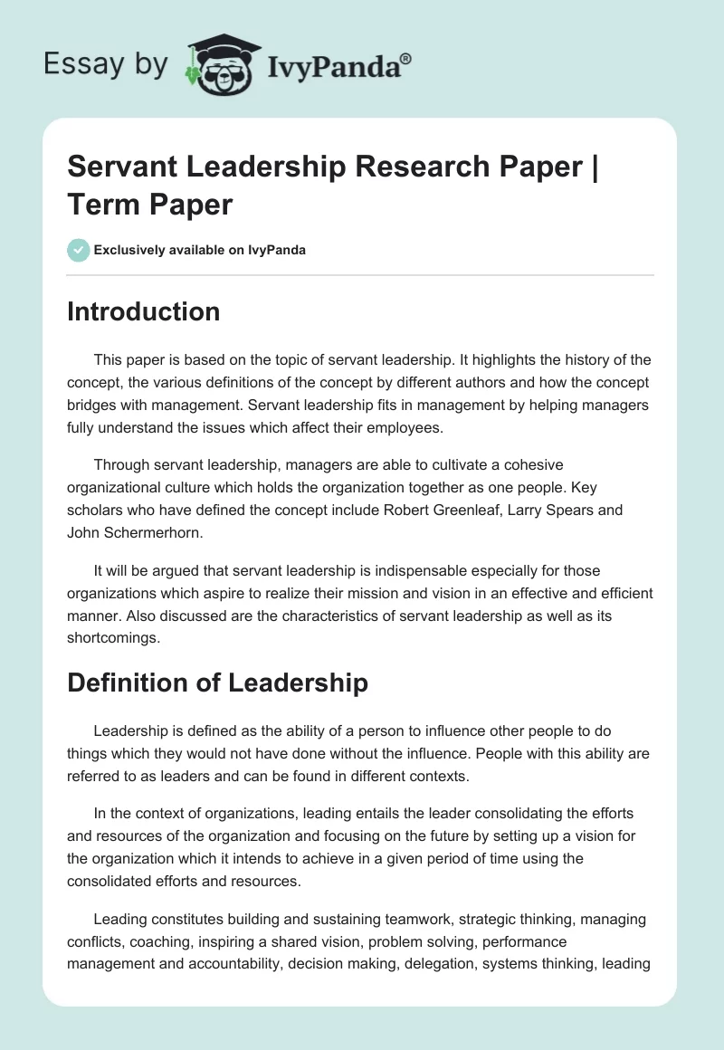 Servant Leadership Research Paper | Term Paper. Page 1