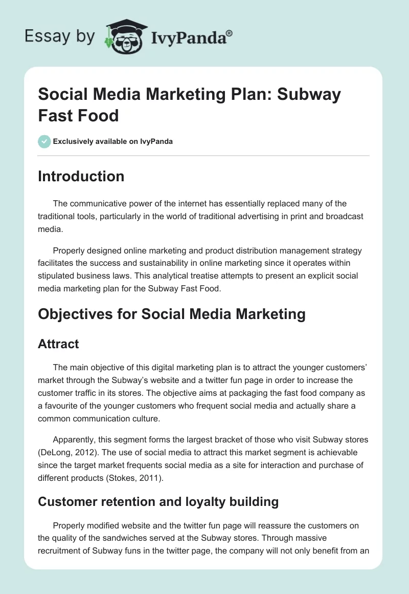 Social Media Marketing Plan: Subway Fast Food. Page 1