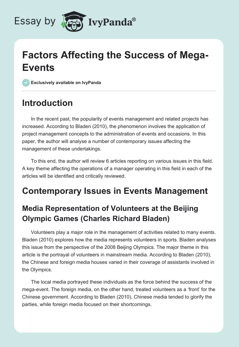 Factors Affecting the Success of Mega-Events. Page 1