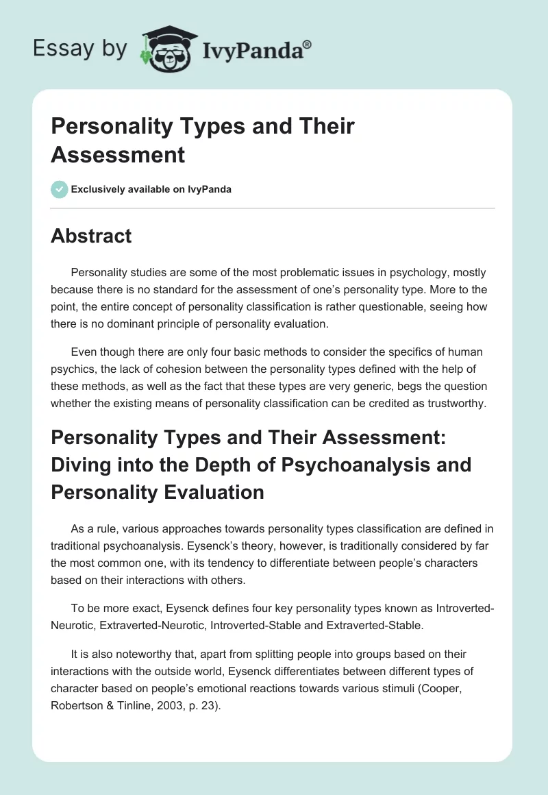Personality Types and Their Assessment. Page 1