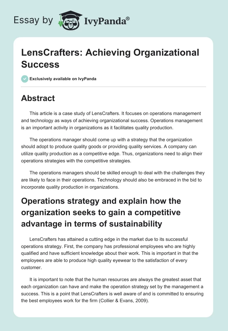 LensCrafters: Achieving Organizational Success. Page 1