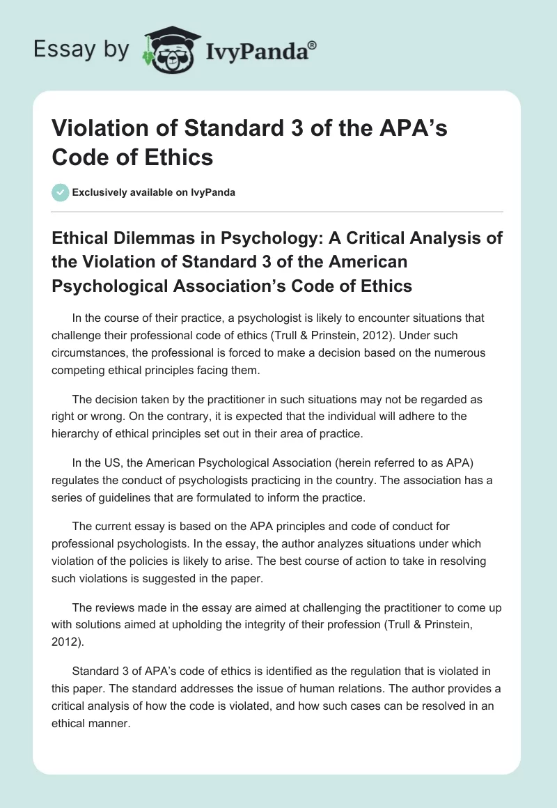 Violation of Standard 3 of the APA’s Code of Ethics. Page 1