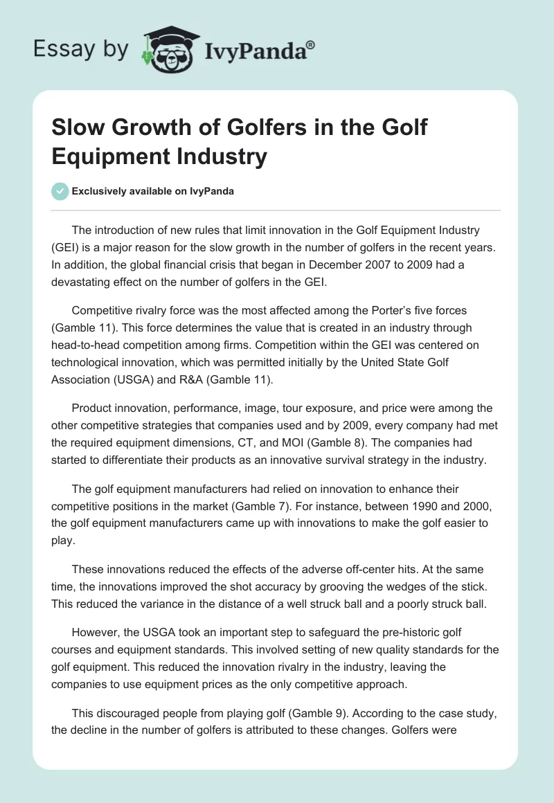 Slow Growth of Golfers in the Golf Equipment Industry. Page 1
