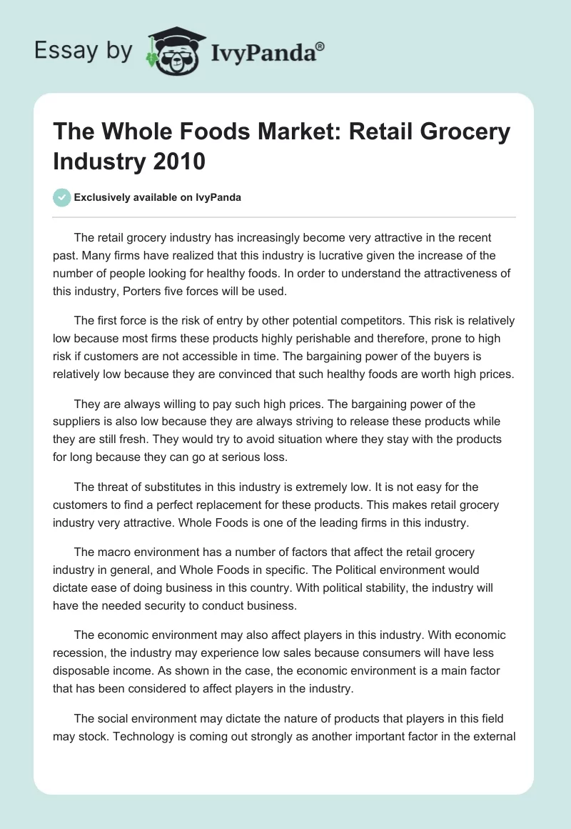 The Whole Foods Market: Retail Grocery Industry 2010. Page 1