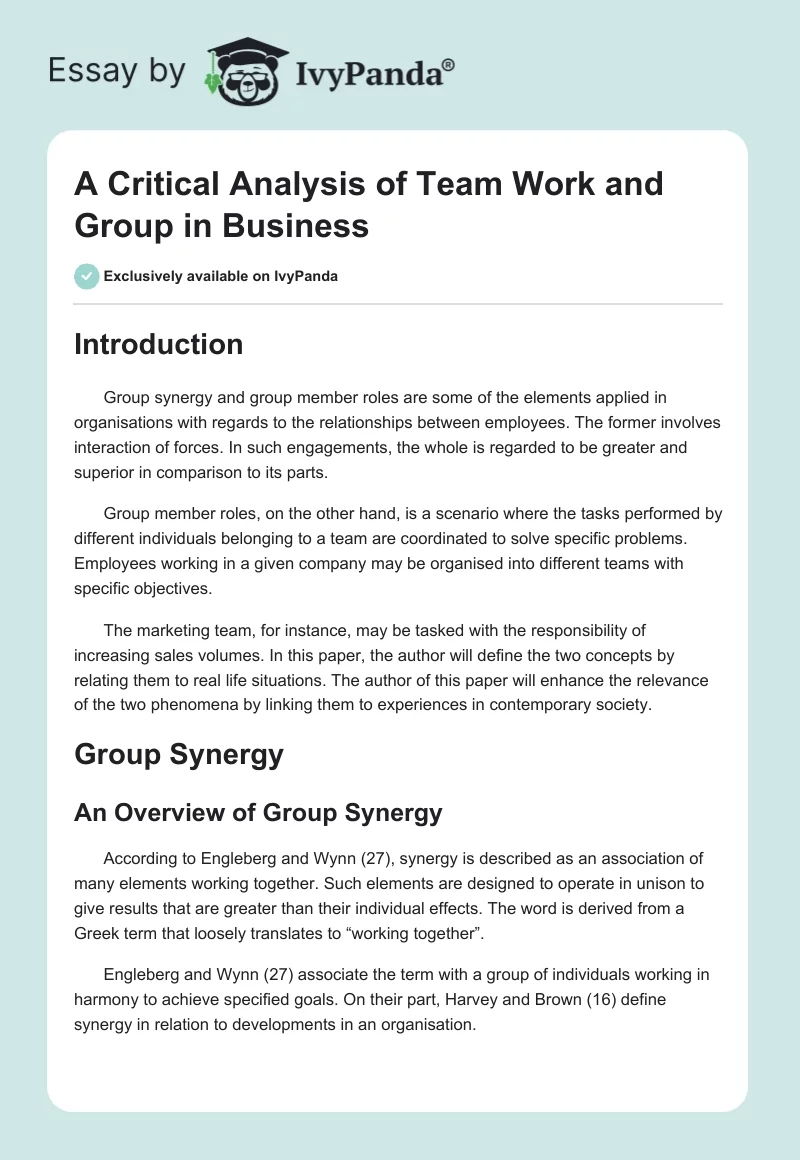 A Critical Analysis of Team Work and Group in Business. Page 1