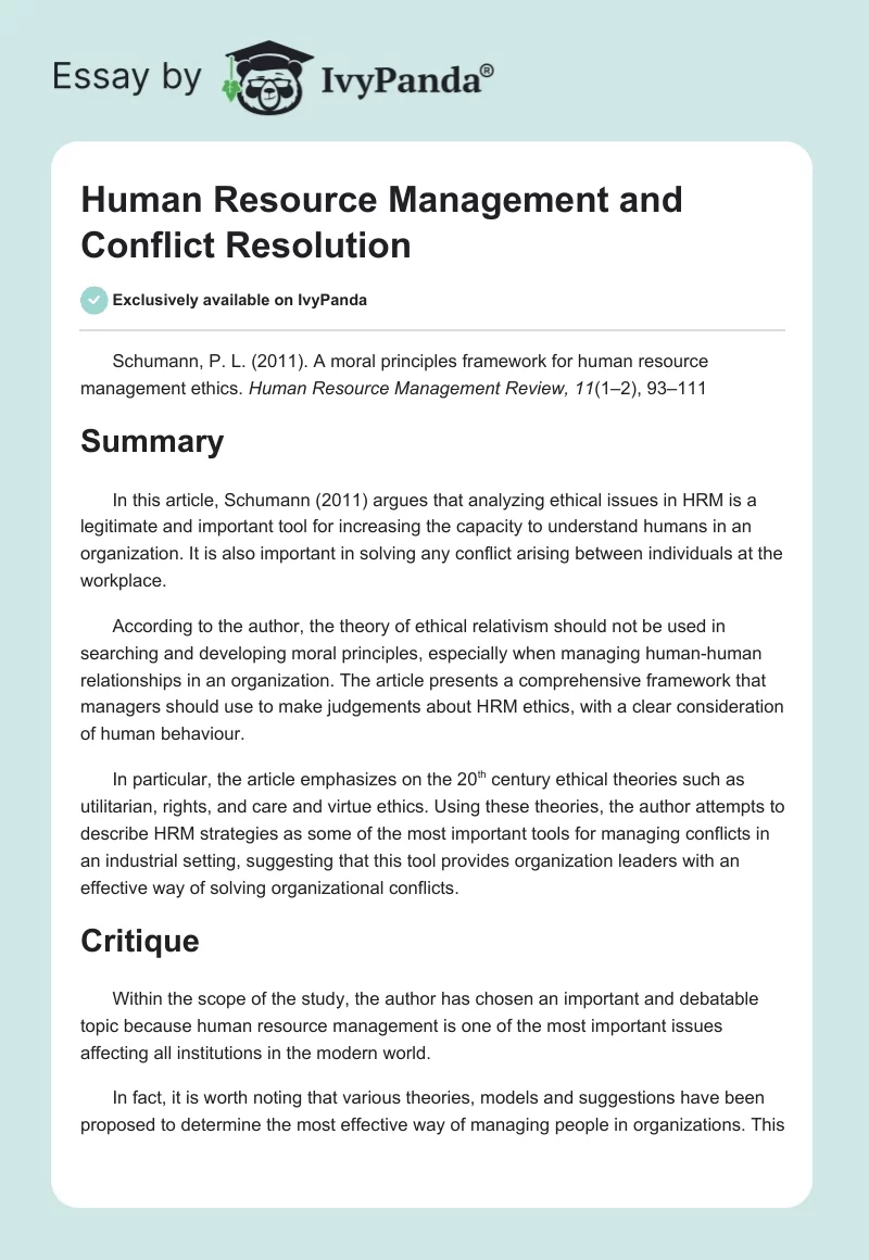 Human Resource Management and Conflict Resolution. Page 1