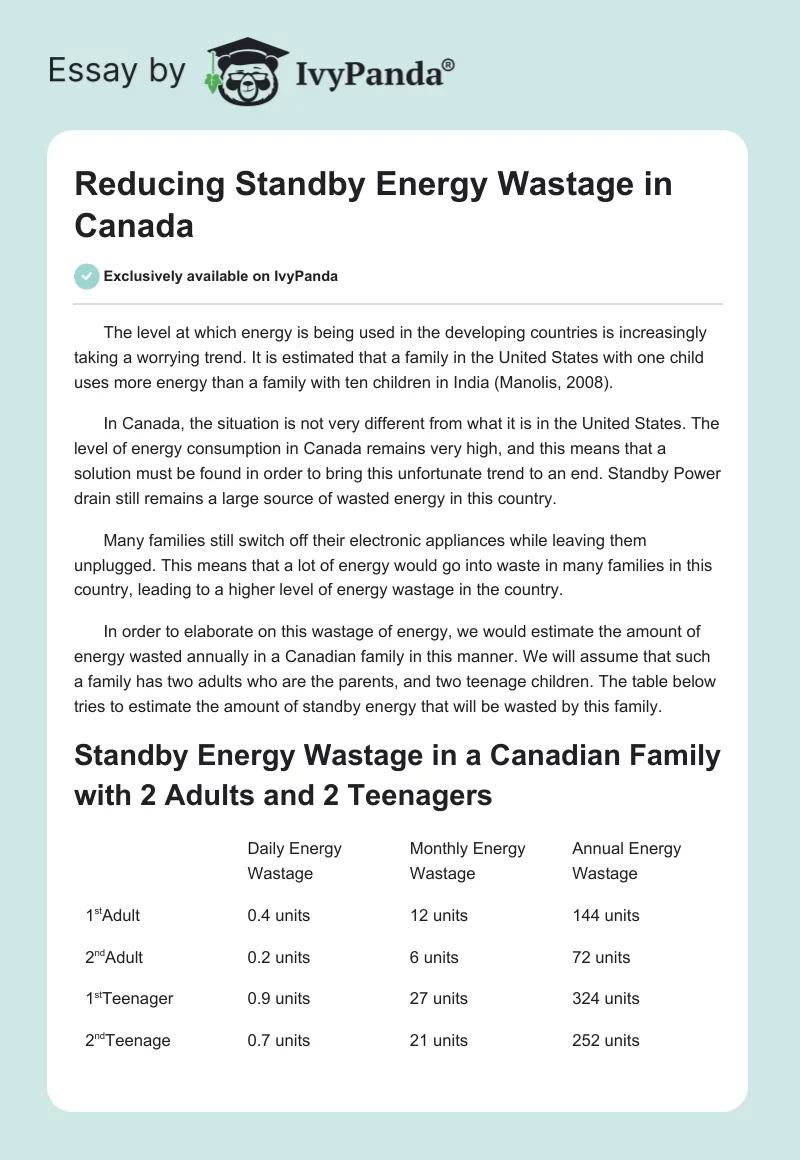 Reducing Standby Energy Wastage in Canada. Page 1