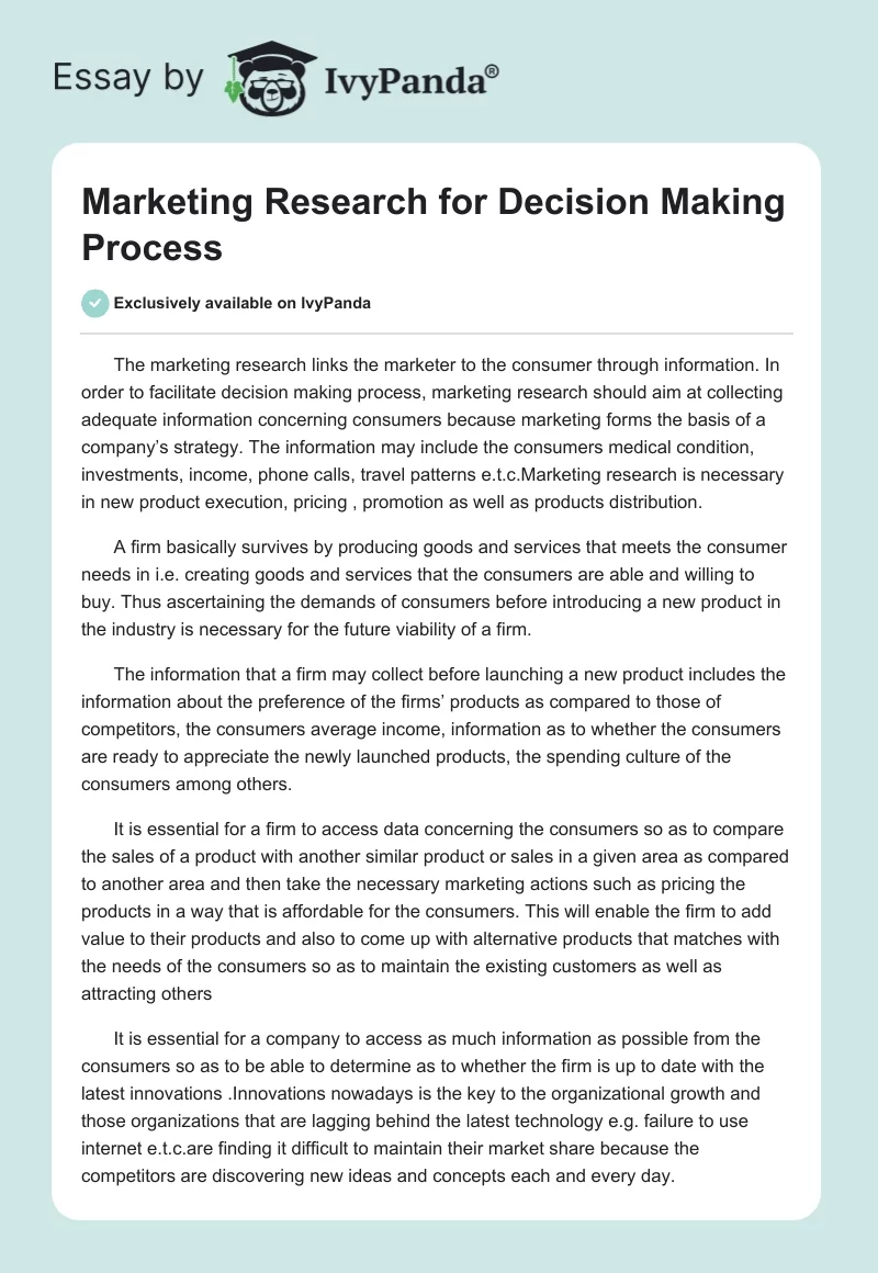 Marketing Research for Decision Making Process. Page 1
