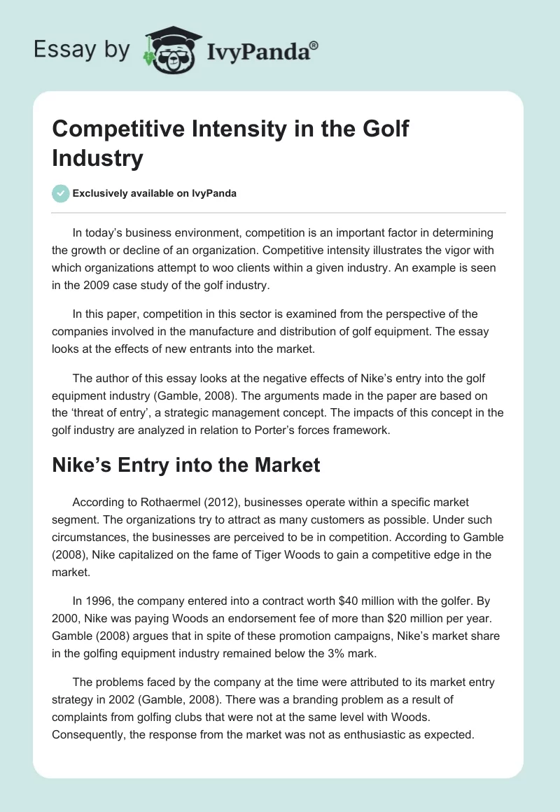 Competitive Intensity in the Golf Industry. Page 1