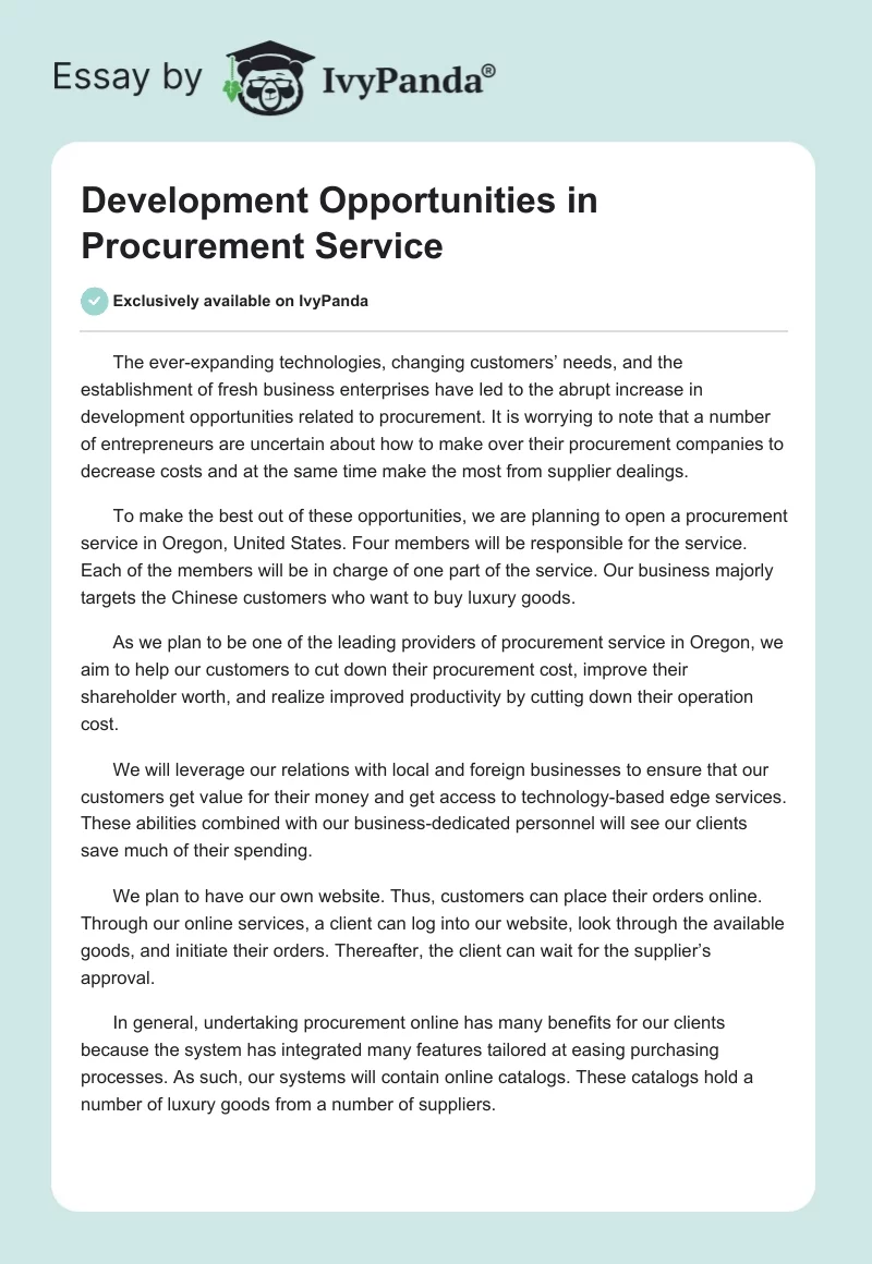 Development Opportunities in Procurement Service. Page 1