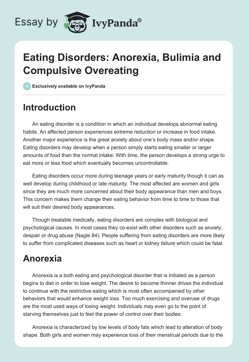 Eating Disorders: Anorexia, Bulimia and Compulsive Overeating. Page 1