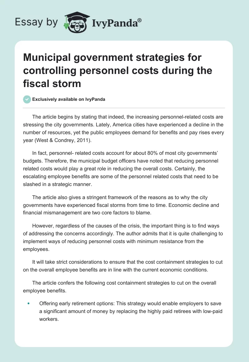 Municipal government strategies for controlling personnel costs during the fiscal storm. Page 1