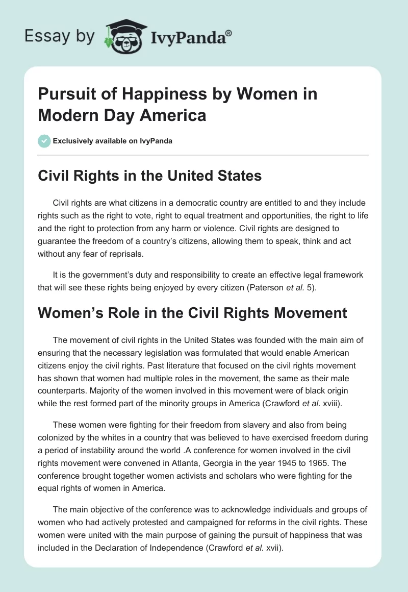 Pursuit of Happiness by Women in Modern Day America. Page 1