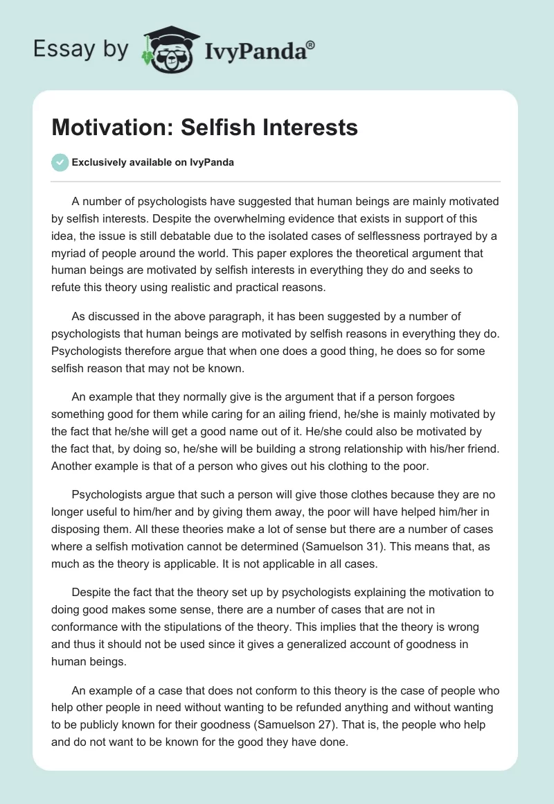 Motivation: Selfish Interests. Page 1