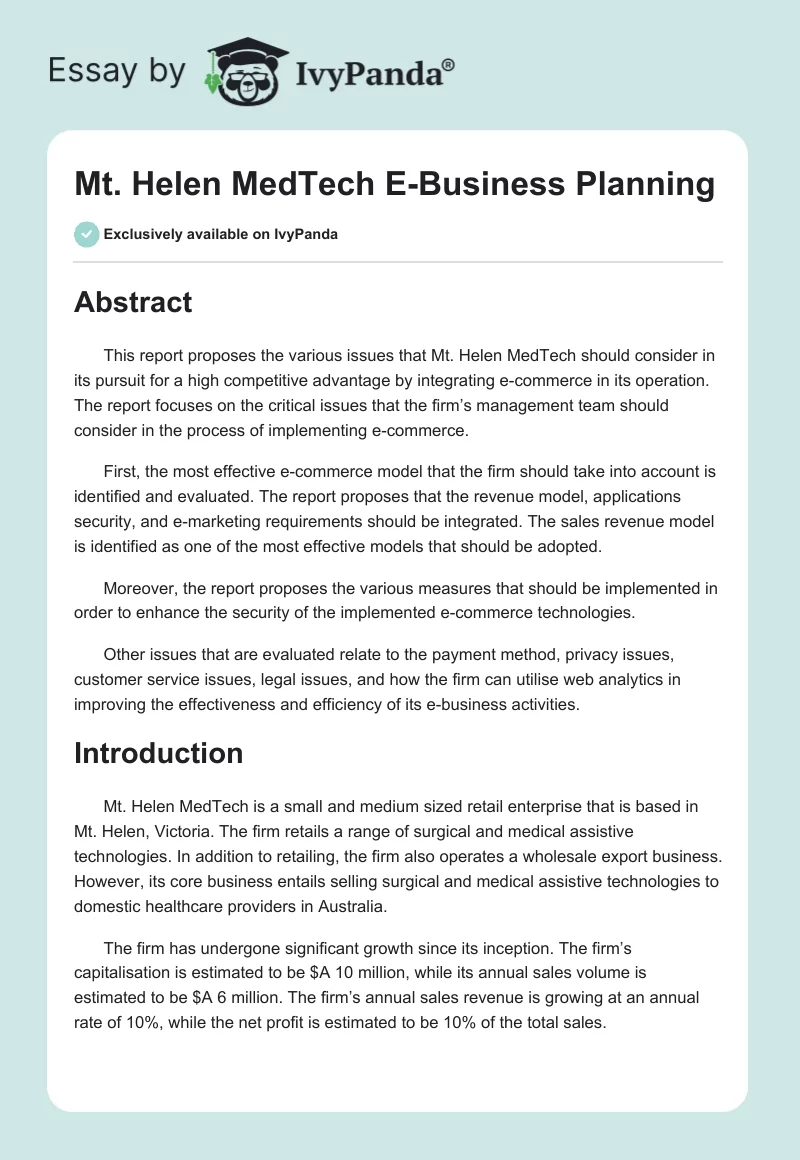 Mt. Helen MedTech E-Business Planning. Page 1