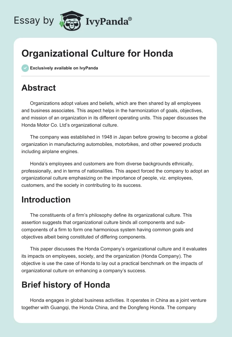 Organizational Culture for Honda. Page 1