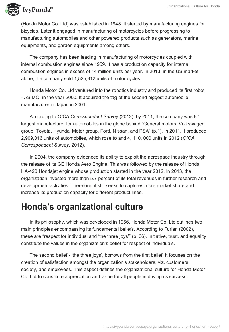 Organizational Culture for Honda. Page 2