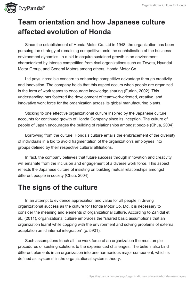 Organizational Culture for Honda. Page 3