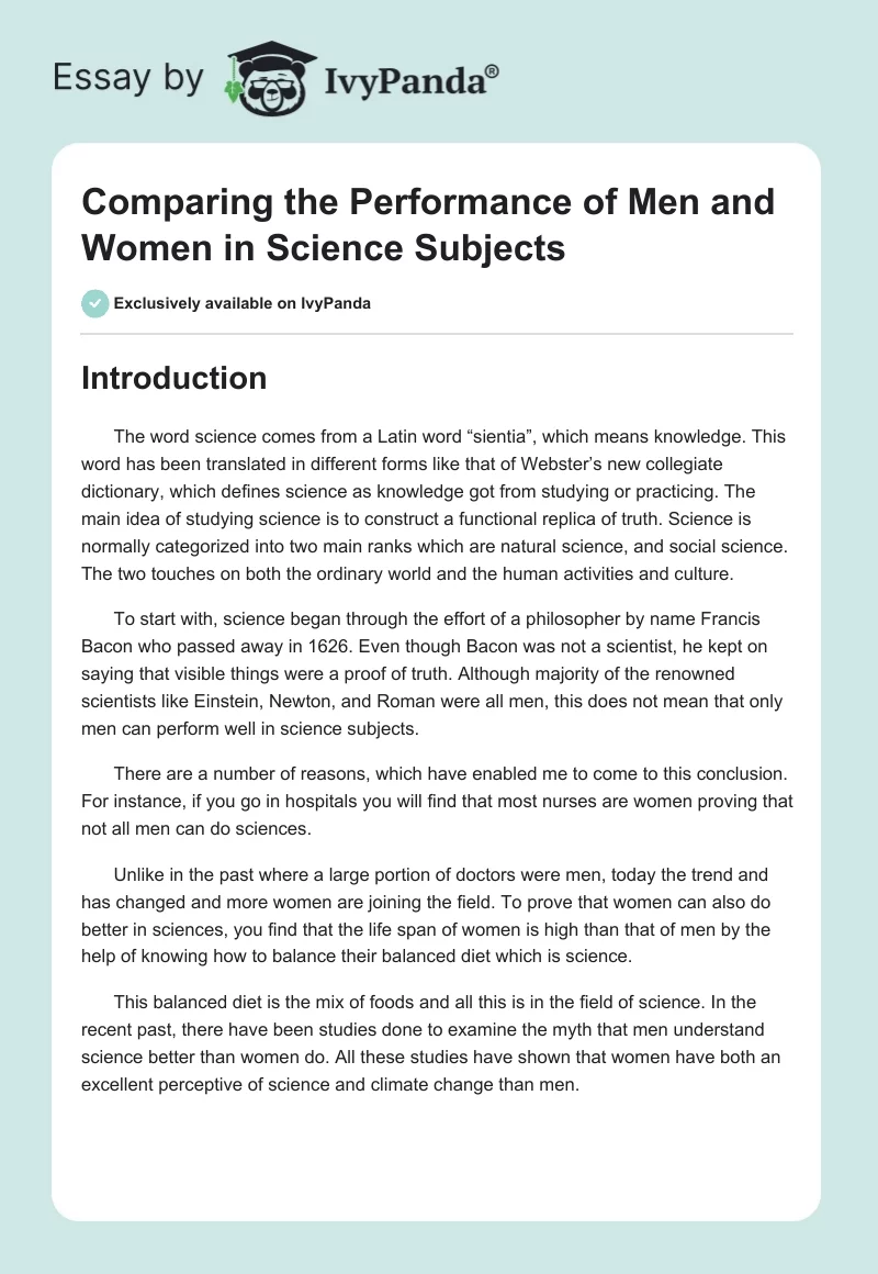 Comparing the Performance of Men and Women in Science Subjects. Page 1
