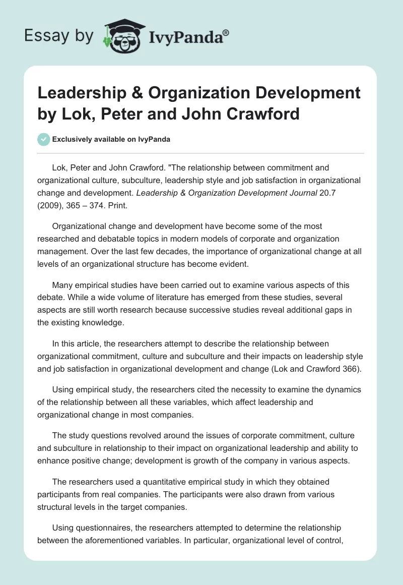 Leadership & Organization Development by Lok, Peter and John Crawford . Page 1