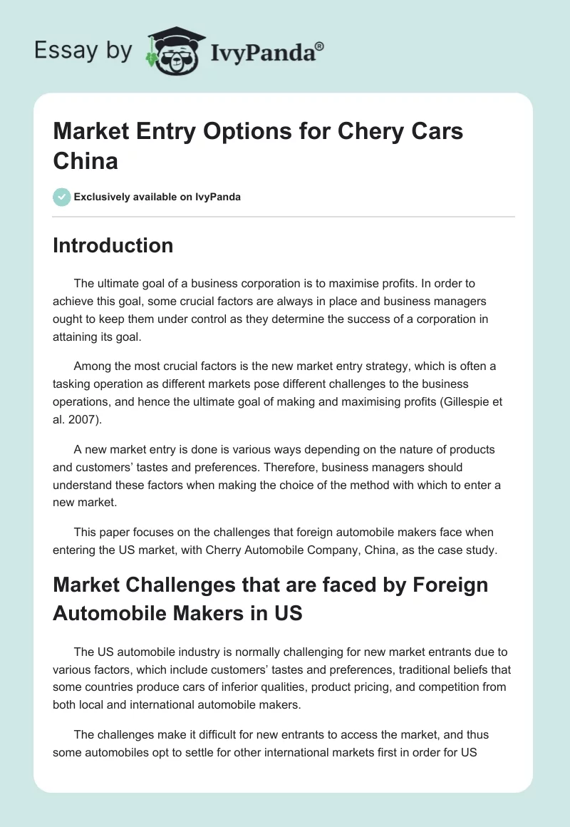 Market Entry Options for Chery Cars China. Page 1