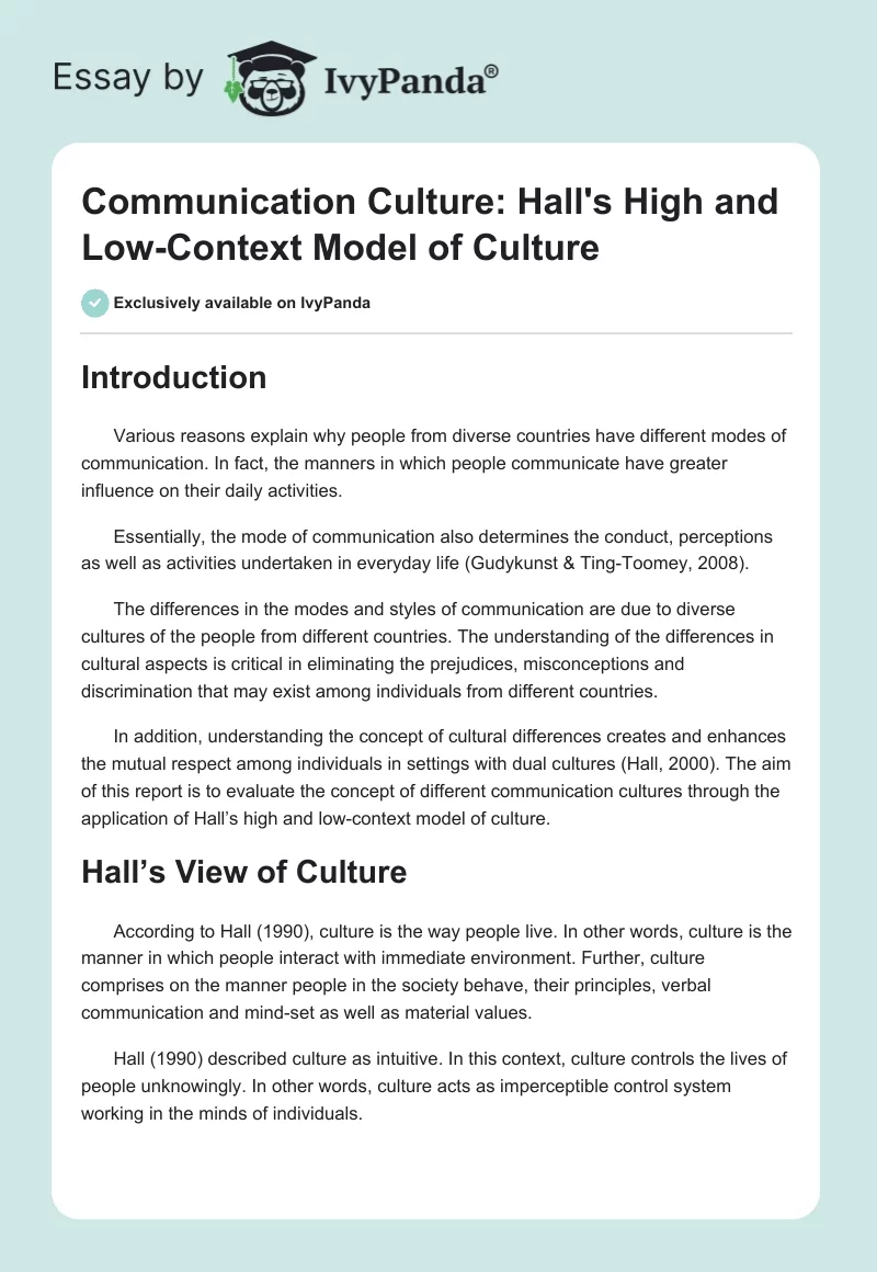 Communication Culture: Hall's High and Low-Context Model of Culture. Page 1