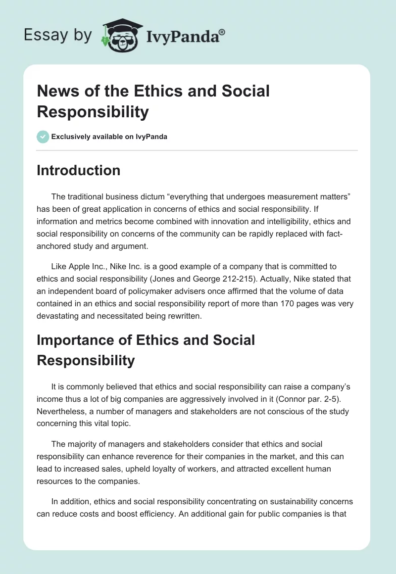 News of the Ethics and Social Responsibility. Page 1