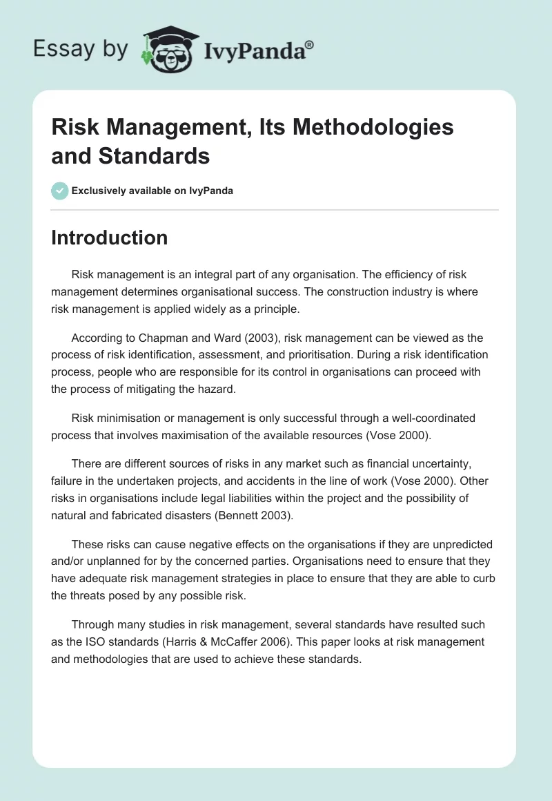 Risk Management, Its Methodologies and Standards. Page 1