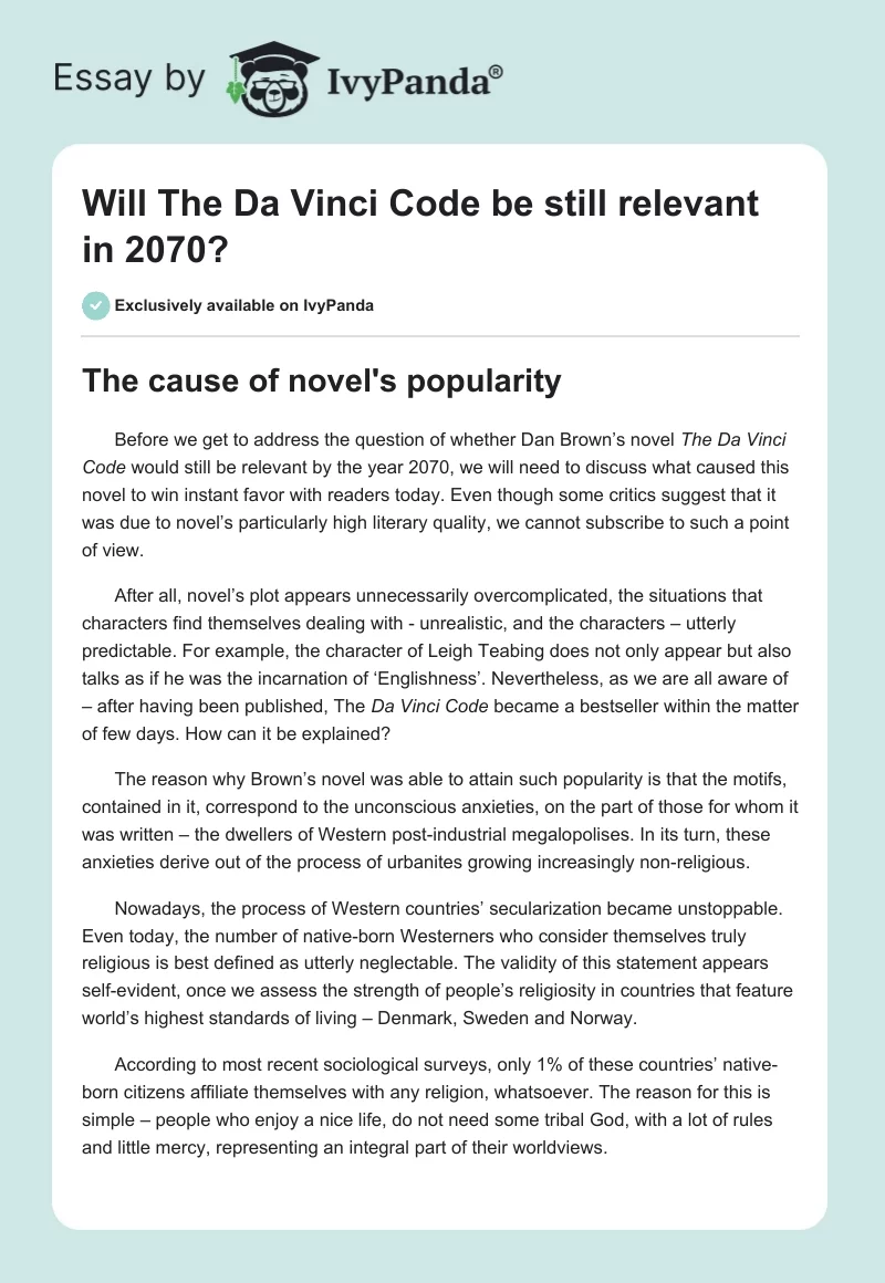 Will The Da Vinci Code be still relevant in 2070?. Page 1