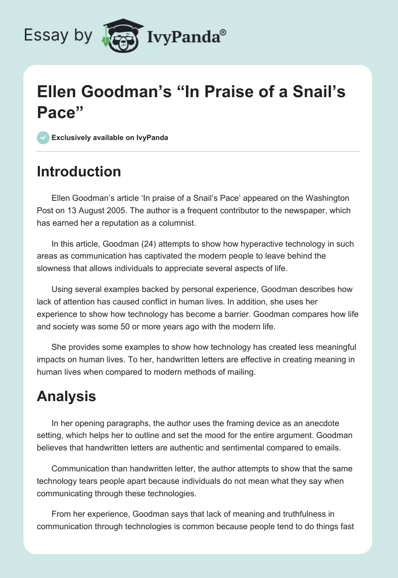 Ellen Goodman’s “In Praise of a Snail’s Pace”. Page 1