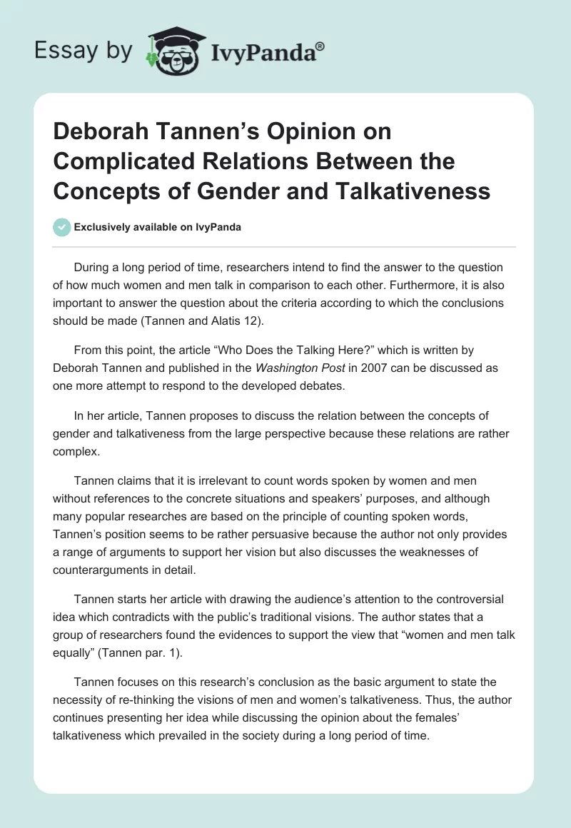 Deborah Tannen’s Opinion on Complicated Relations Between the Concepts of Gender and Talkativeness. Page 1
