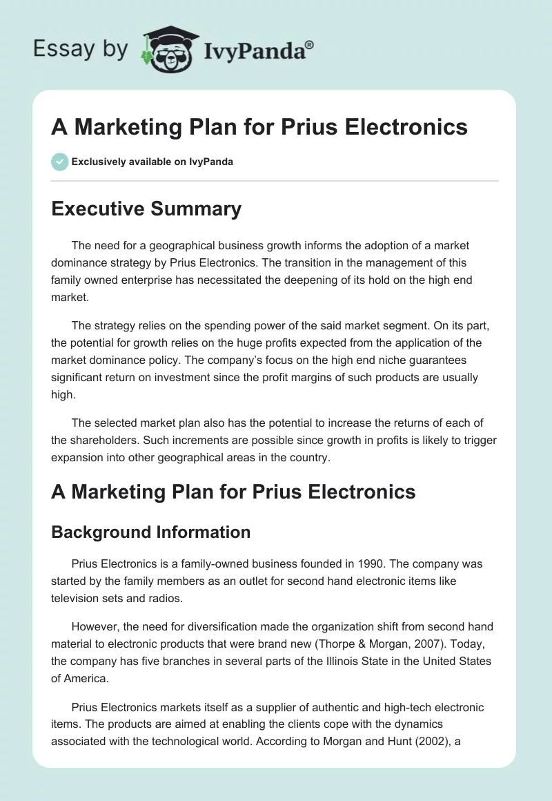 A Marketing Plan for Prius Electronics. Page 1