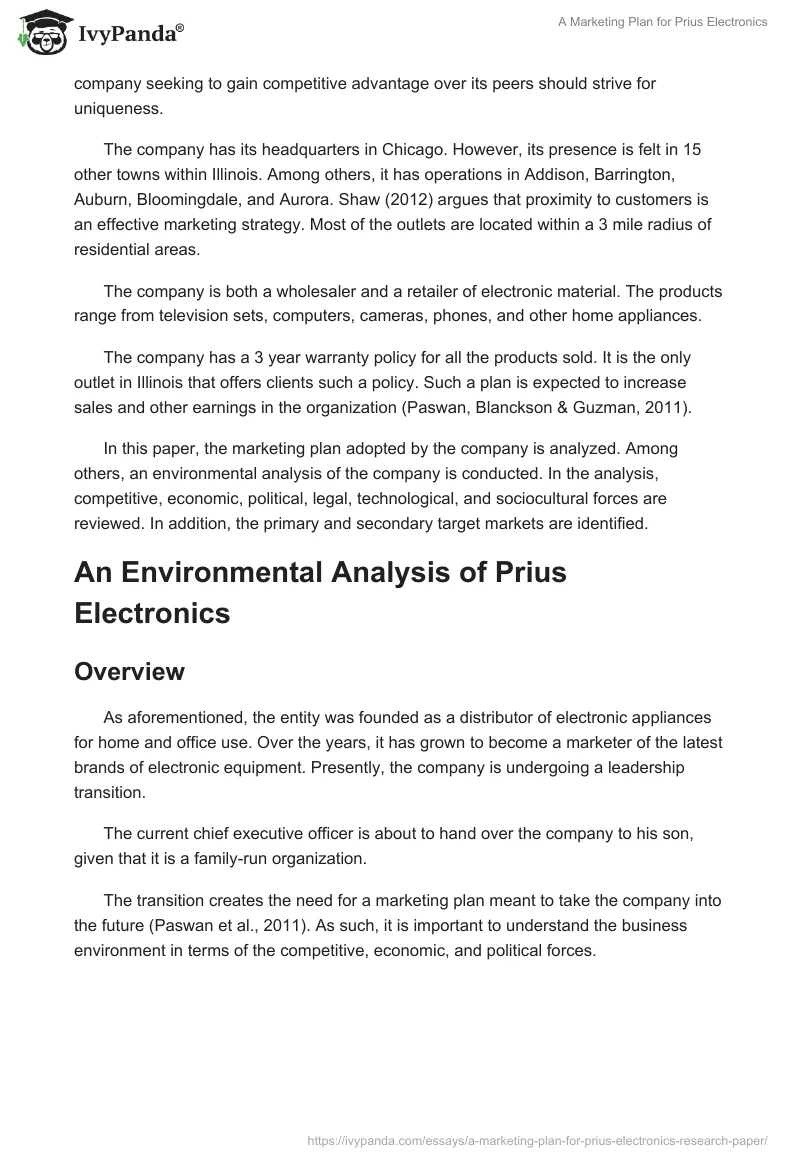 A Marketing Plan for Prius Electronics. Page 2