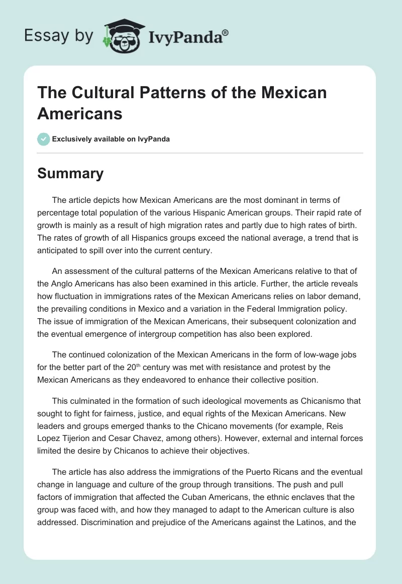 The Cultural Patterns of the Mexican Americans. Page 1