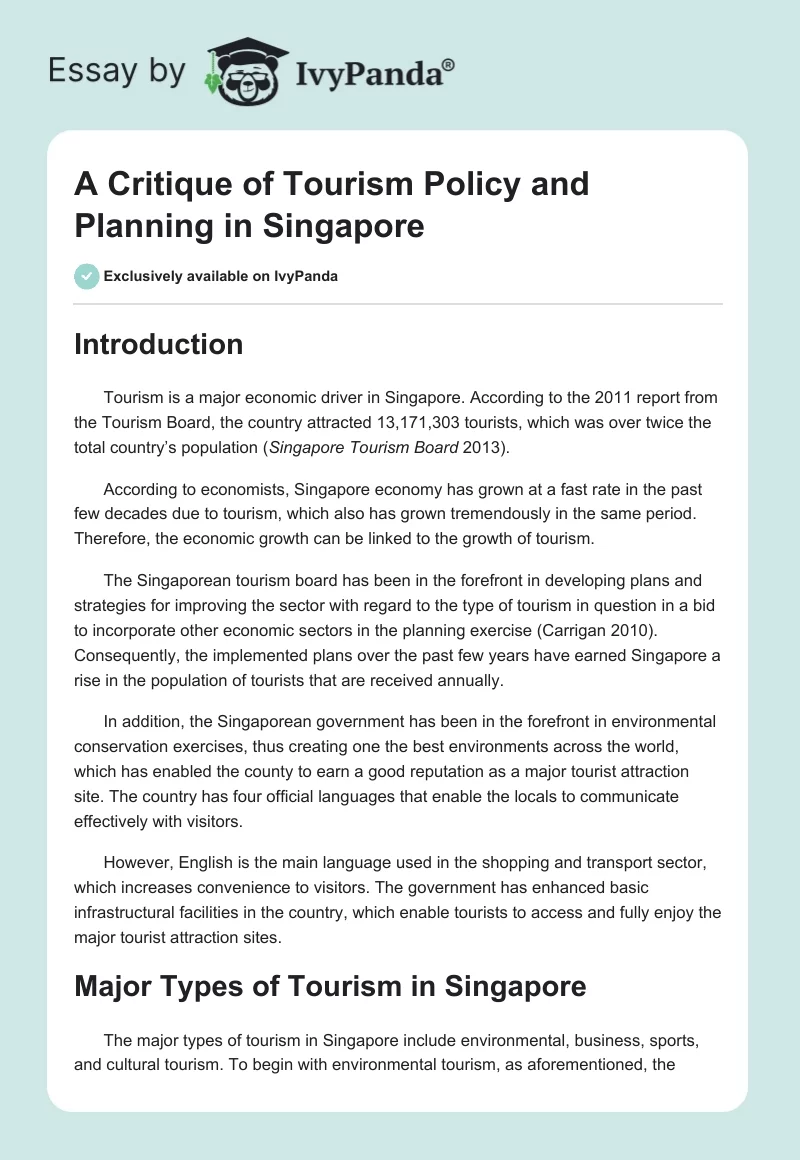 A Critique of Tourism Policy and Planning in Singapore. Page 1