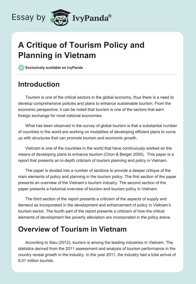 A Critique of Tourism Policy and Planning in Vietnam. Page 1