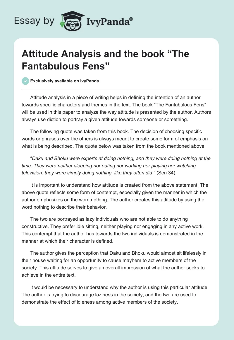 Attitude Analysis and the book “The Fantabulous Fens”. Page 1