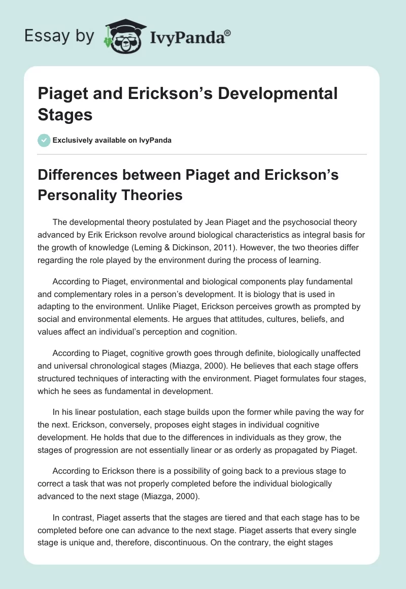 Piaget and Erickson’s Developmental Stages. Page 1