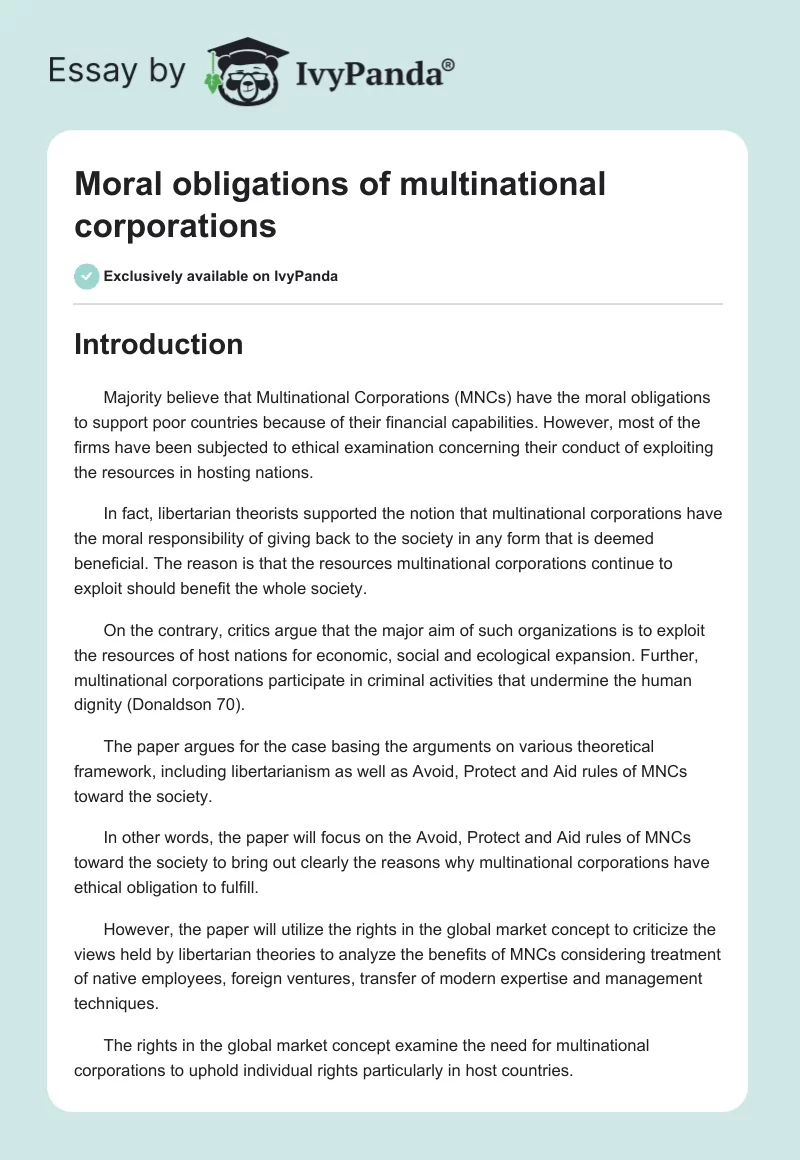 Moral Obligations of Multinational Corporations. Page 1