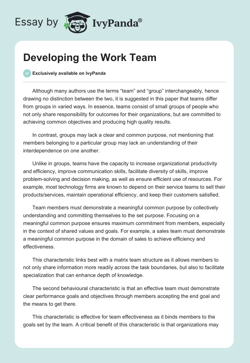 Developing the Work Team. Page 1