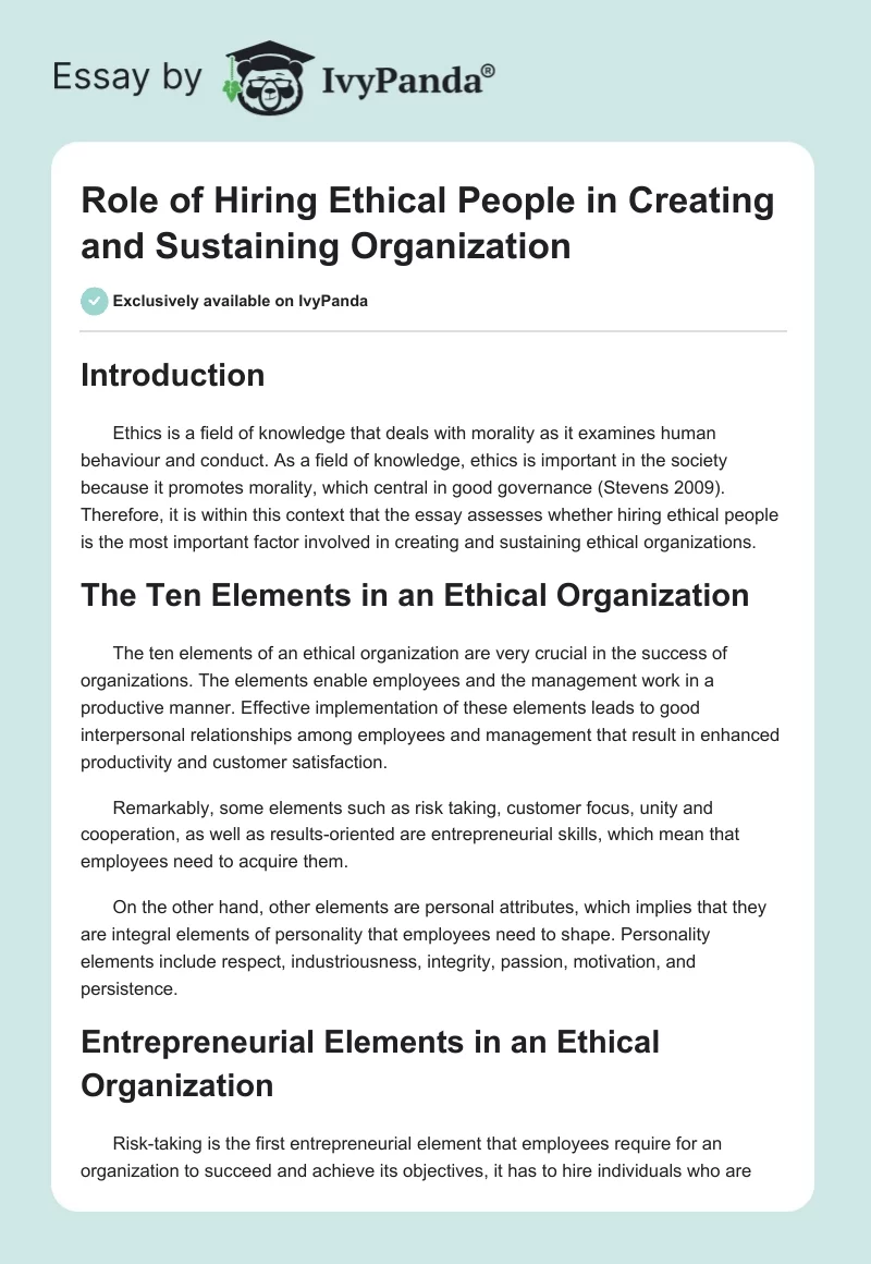 Role of Hiring Ethical People in Creating and Sustaining Organization. Page 1