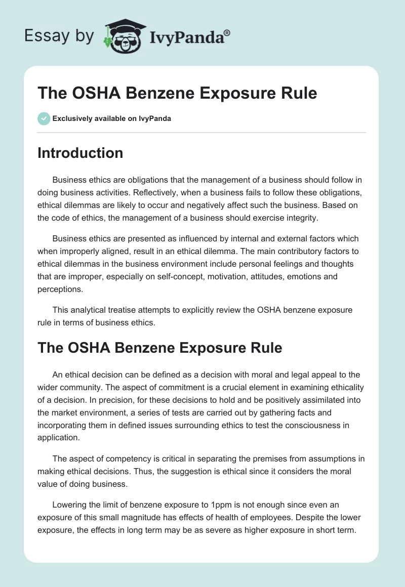 The OSHA Benzene Exposure Rule. Page 1