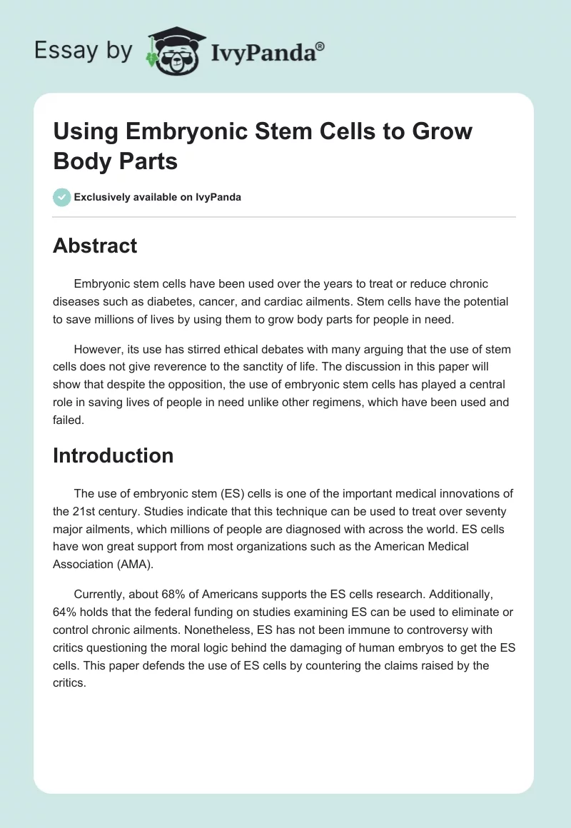 Using Embryonic Stem Cells to Grow Body Parts. Page 1