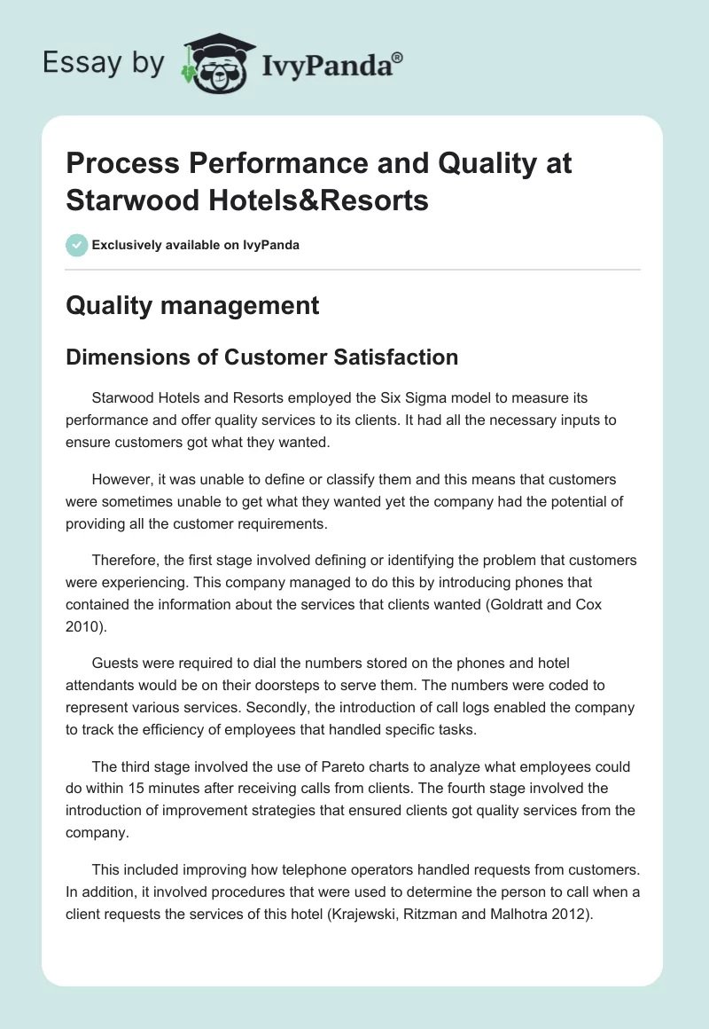 Process Performance and Quality at Starwood Hotels&Resorts. Page 1